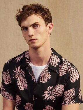 Sandro Black Button-Down Shirt with Pink Pineapple Print